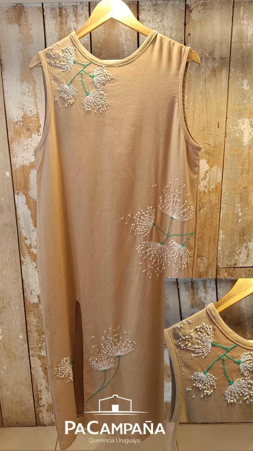 Vestido lino bordado a mano tostado s/m